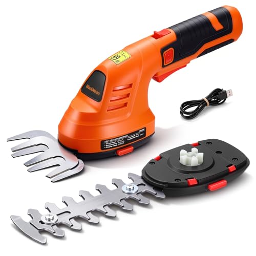 WorkNeon Electric Hedge Trimmer Cordless, 2-in-1 Lightweight Handheld Grass Trimmer Hedge Shears/Cutter, 8V Battery Powered Rechargeable Garden Tool for Yard, Lawn