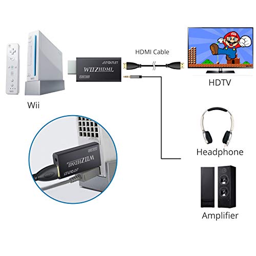 AUTOUTLET Wii zu HDMI Adapter, Wii Hdmi 1080P/720P Full HD Konverter, mit 3,5mm Video Audio Ausgang Buchse und 1m HDMI Kabel, für Nintendo Wii, TV Monitor Beamer Fernseher-schwarz