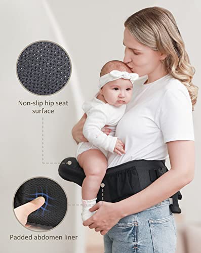 Babymust Babytrage mit Hüftsitz, Fortschrittlicher Verstellbarer Hüftgurt & Mehrere Taschen, Ergonomischer Hüftsitzträger für Neugeborene Kleinkinder bis zu 30 kg, Schwarz – Bild 5