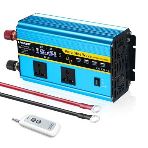 Cantonape Power Inverter 1800w/3500w Pure Sine Wave Car Inverter DC 12V to AC 230V 240V Converter With Remote Control, dual universal outlets, 2 cooling fans & 4 USB Port for RV Truck Car
