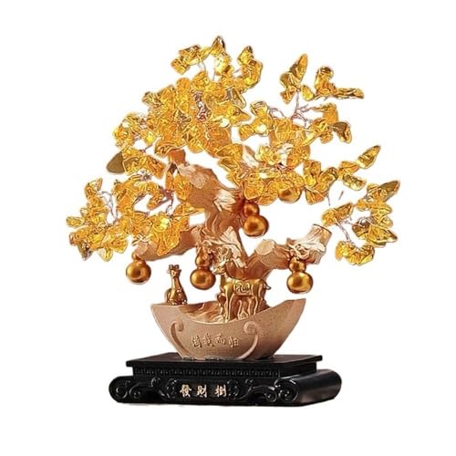 Borddekoration Skrivbordscitrin med Base Fortune Tree Ornament, Wealth Prosperity Vardagsrum Kontorshantverk Tur(Beige)