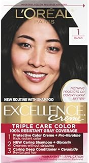 L'Oreal Paris Excellence Creme Permanent Triple Care Hair Color, 1 Black, Gray Coverage For Up to 8 Weeks, All Hair Types, Pack of 1
