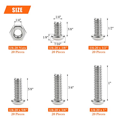 Image of HELIFOUNER 120 Pieces 5 Sizes 304 Stainless Steel 1 /4-20 x 3 /8 inch 1 /2 inch 5 /8 inch 3 /4 inch 1 inch UNC Thread Hex Button Head Cap Bolts Kit