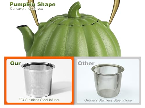Image of VICSKY Pumpkin Cast Iron Teapot (40 oz /1200 ml), Natural Pumpkin Shape, Sturdy Iron Tea Kettle Stovetop Safe, Tea Kettle with Enamel Coated, 304 Stainless Steel Infuser (Light Green)