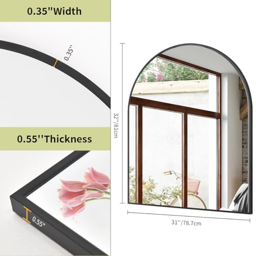 Image of BEAUTYPEAK 31 inchx32 inch Arch Bathroom Mirror, Wall Mounted Vanity Metal Frame Mirror for Bedroom, Entryway, Living Room, Black