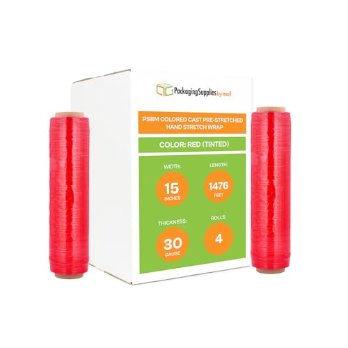 PSBM Red Stretch Wrap, 15 Inch x 1476 Feet, 4 Pack, Tinted Pre-Stretched Shrink Wrap Film for Moving, Packaging, Pallet Wrapping
