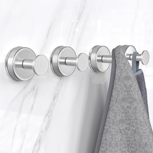 Image of HUFEEOH 4-Pack Silver Shower Suction Hooks for Bathroom Walls, O-Shape | Removable Suction Bases, Burr-Free Finish, Minimalist Lines, Robe And Bath Accessory Organization on Tile, Glass And Mirror