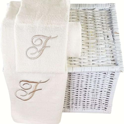 Ricami Fiorentini Baldi Set Asciugamani Con Iniziale, Spugna Di Cotone 100% 400 Gr/Mq, 2 Pezzi: Viso+ Ospite. Idea Regalo. (Lettera A) Beige