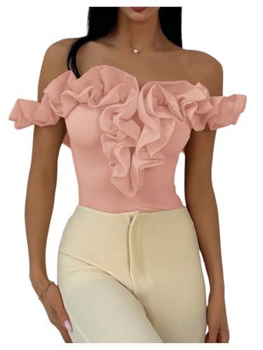 OYOANGLE Women's Off Shoulder Mesh Ruffle Trim Bodysuit Party Thong Body Suit Tops Pink Medium