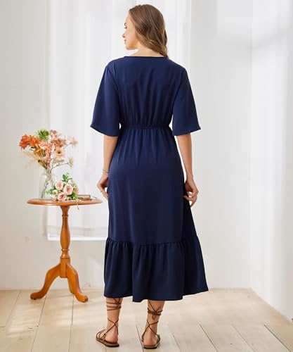 Image of Women's Summer Short Sleeve Maxi Floral Flowy Dresses with Pockets