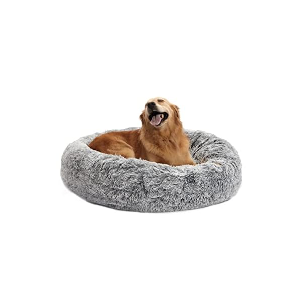 Bedfolks Calming Donut Dog Bed, 36 Inches Round Fluffy Dog Beds for Large Dogs, Anti-Anxiety Plush Dog Bed, Machine Washable Pet Bed (Dark Grey, Large)