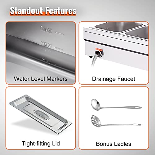 Image of VEVOR 3-Section Electric Food Heating Station, 3 x 12QT, 1500W, Stainless Steel Buffet Server with Glass Lid, Temperature Range 86-185F, Ideal for Catering and Dining Establishments, Silver