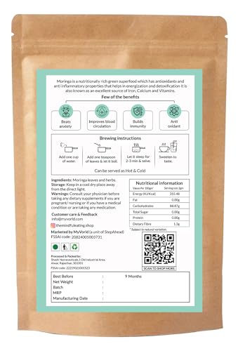 Image of Mindful Eating Pure Moringa Leaves Tea Blended with Chamomile Flowers - Herbal Tea, Natural Ingredients, Dried Drumstick Tree Leaves, Immunity Booster, Caffeine-free, 70g (Pack of 2)