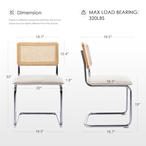 Zesthouse Mid-Century Modern Dining Chairs, Accent Kitchen Chairs with Rattan Mesh Back, Armless Side Chairs, Upholstered Desk Chairs with Metal Chrome Legs, Set of 2, White