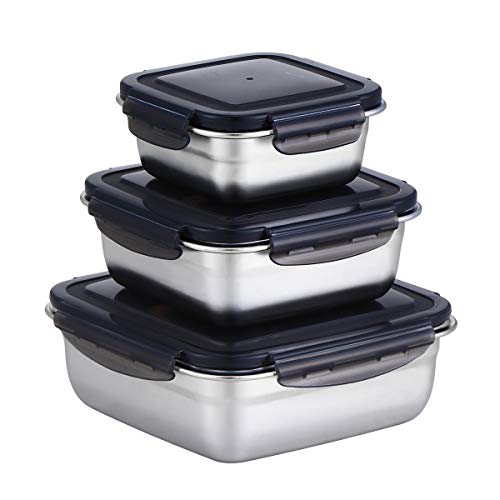 304 Stainless Steel Square Food Storage Lunch Box Containers Eco-Friendly Reusable Snack Food Leak Proof Nesting Containers for Kids Adults Set of 3 Metal Lunch Sandwich Container Snack Boxes