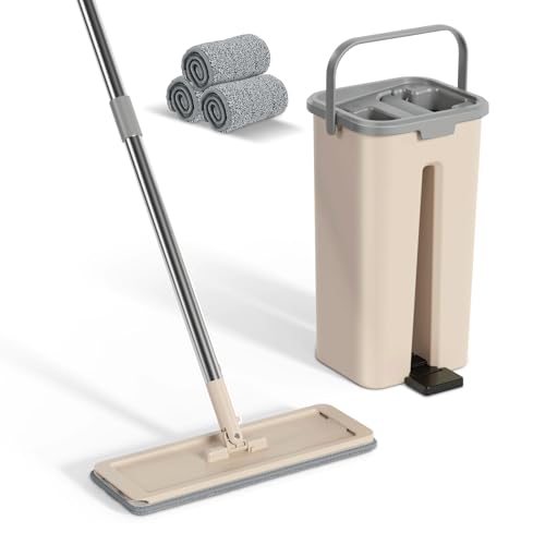Eukue Mopa Fregona con Cubo Escurridor, Fregona Plana Giratoria 360 ° con 3 Mopas Reutilizables, 2 en 1 Cubos de Fregona de Manos Libres para Limpieza de Todo Tipo de Suelos