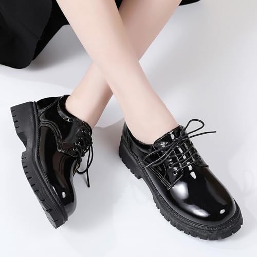 Image of Women Oxford Shoe Black Oxford Shoes for Women Dressy Womens Oxfords Shoes Women's Slip On Leather Comfortable Dressy Lace Up Casual Work Business Platform Office Oxfords Shoe
