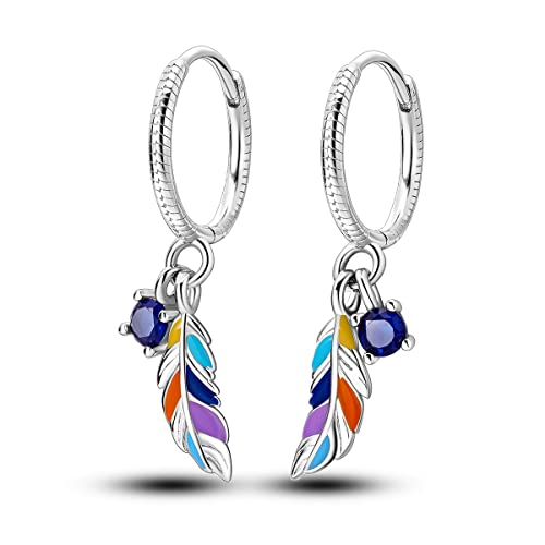 Parmuz 925 Sterling Silver Dangle Drop Hoop Earring for woman Boho vintage Feather Dangling Earring set purple Dream Catcher Simple Small Huggie earring Jewelry Gift