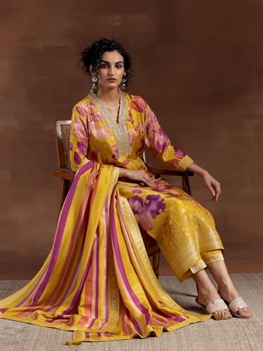 Image of Libas Womens Printed Silk Blend Straight Kurta With Trousers and Dupatta | daily wear suit