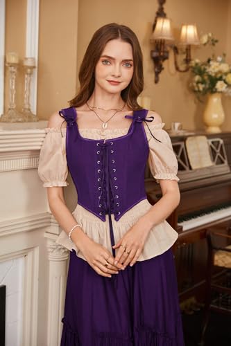 Image of Scarlet Darkness Women's Renaissance Corset Tops Vintage Lace Up Overbust Bustier Bodice Violet 6