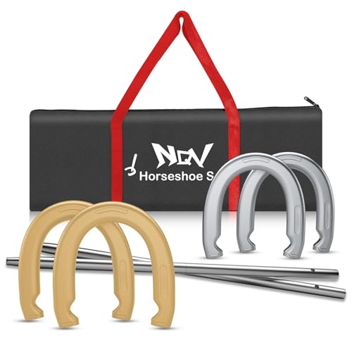 NQV Horseshoe Outdoor Game Set Horse Shoe Game Kit Sports Horseshoes Sets Includes 4 Steel Horseshoes 2 (20) Metal Stakes & Carry Bag Perfect for Lawn Backyard or Tailgating (Silver & Gold)