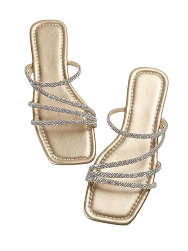 OYOANGLE Women's Rhinestone Flat Sandals Strappy Slip on Open Toe Slide Sandals Squared Slippers