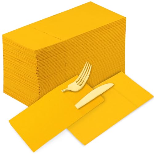 Kammak 7KPSP192N Dinner Napkins Disposable Cloth Like Paper Napkins With Pocket 100 Pack Mustard Yellow Wedding Napkins Reception Guest Hand Towels cover