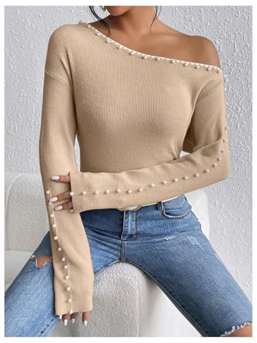 Image of WDIRARA Women's Pearls Beaded One Cold Shoulder Sweater Long Sleeve Asymmetrical Knit Top
