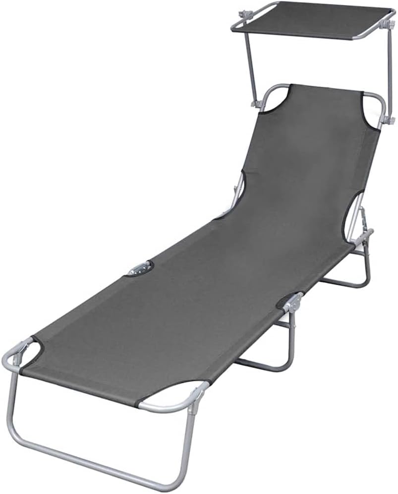 vidaXL Patio Lounge Chair, Folding Sunlounger with Adjustable Backrest, Sunbed with Canopy, Pool Lounge Chair for Outdoor Porch, Steel Gray