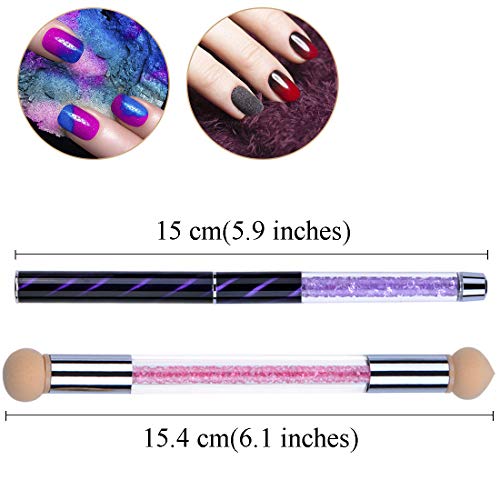 Ycyan 2Pcs Nail Art Brush Set, 1Pc Rhinestone Handle Uv Gel Nail Ombre Brush And 1 Set Double-Ended Gradient Shading Sponge Pen #TOP5