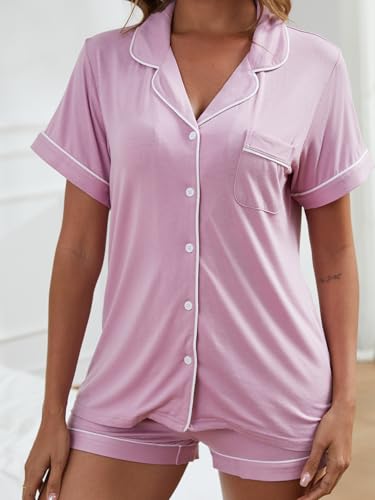 Image of Women Button Down Pajamas Set Cute Short Sleeve Soft Sleepwear Two Piece Lounge Set, Pink, XX-Large