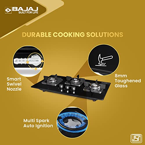 Bajaj Dual Hob Top & Gas Stove 3 Burners8mm Toughened Glasstop Smart