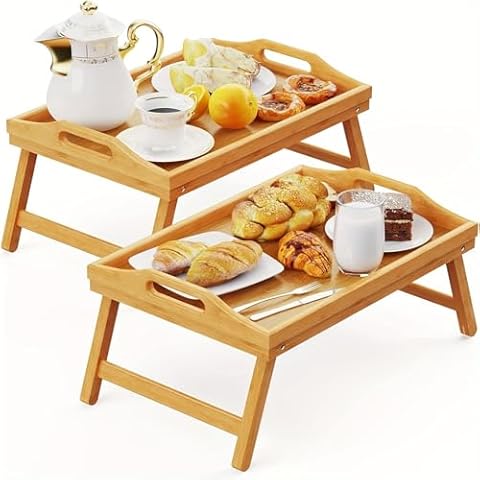 INNOVATIVE LIFE 2 Pack Bed Tray Table Breakfast Trays Serving Bamboo Laptap with Floding Legs Handles and Phone Holders, Natural Cover
