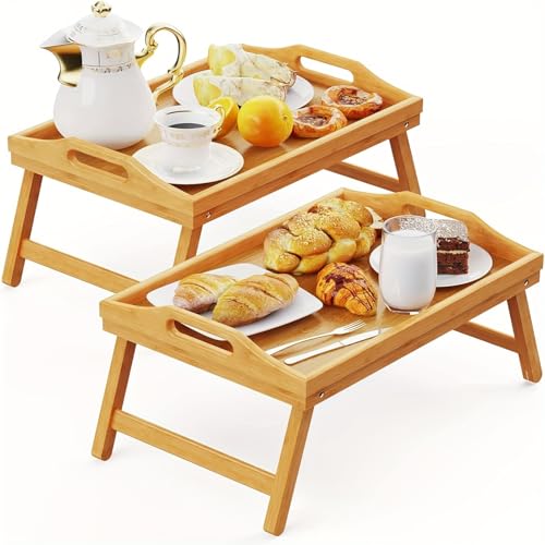 INNOVATIVE LIFE 2 Pack Bed Tray Table Breakfast Trays Serving Bamboo Laptap with Floding Legs Handles and Phone Holders, Natural