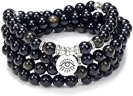 108 Mala gebedsmeditatie kralen armband ketting met het boze oog van bescherming charme veel geluk yoga sieraden (Gouden Obsidiaan (Gold Obsidian