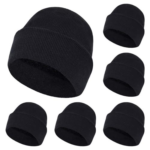 ZH 6 Pack Mens Winter Knit Beanies with Fleece Lining Warm Stretchy Skull Caps for Cold Weather Unisex Thermal Hats Black
