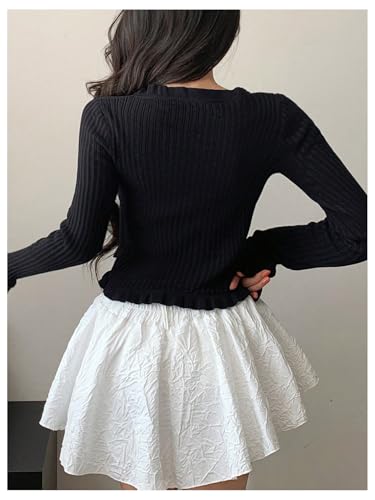 GORGLITTER Women's Tie Front Cropped Cardigans Ruffle Long Sleeve V Neck Cute Coquette Sweater3