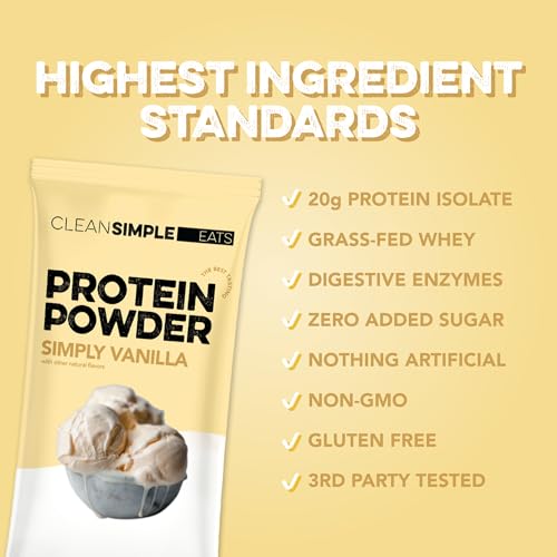 Image of Clean Simple Eats Whey Isolate Protein Powder, Simply Vanilla, Naturally Sweetened, Zero Added Sugar, 20g 100% Grass Fed Protein Powder with Digestive Enzymes, Gluten Free, Non GMO, 10 Stick Packs