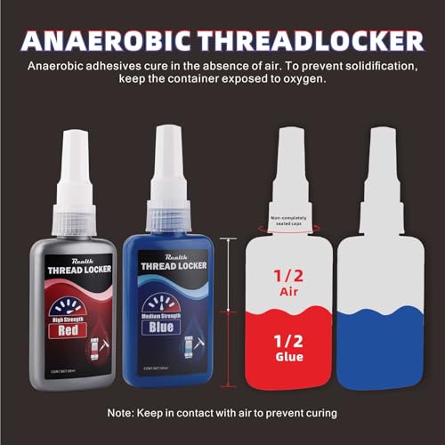 Image of Realth 50ml-2 Pack Threadlocker Blue and Red, M243 M271 | Medium and High Strength Thread Locker, Lock Tight Thread Lock for Metal, Fasteners, Nuts, Bolts to Against Losening and Seal