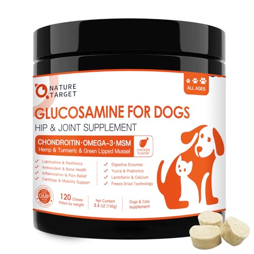 NATURE TARGET Glucosamine Joint Supplement for Dogs, Chondroitin, Omega-3, MSM, Hemp, Turmeric for Pain Relief, Dog Joint Supplement with Calcium for Bone Health, 120 Chicken Flavored Crunchy Chews