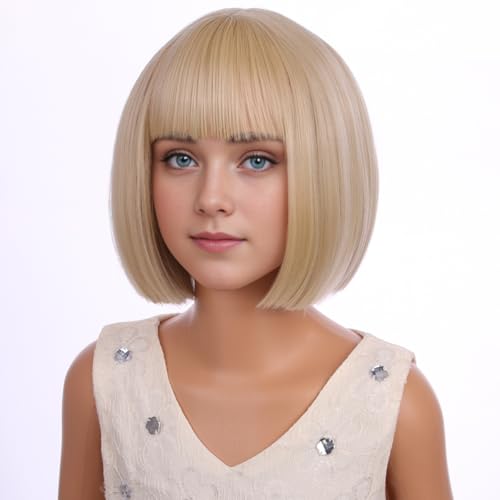 Image of PATTNIUM Kids Blonde Wig with Bangs Child Short Blonde Bob Wig for Girls Cosplay Party Synthetic Rose Net Daily Wear Hair Wigs