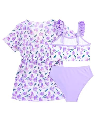 Kids Girls 3 Pcs Swimwear Floral Short Sleeve Kimono Wrap Ruffle Bikini Top with Brief2