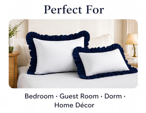 Image of Ruffled Pillow Cases Dule Tone Set of 2, White & Navy - Pillow Shams Brushed Microfiber Edge Ruffled Soft Pillow Cover with Envelope Closure for Bedding Decor 16 inch x 24 inch