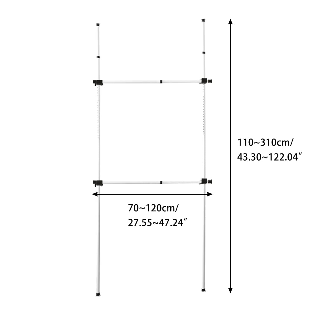 BAOYOUNI Adjustable Clothes Racks for Hanging Clothing Metal Garment Stand Coat Hanger Floor to Ceiling Laundry Drying Rack Organizer Tension Rod Closet Storage Shelf Telescopic Rails - White
