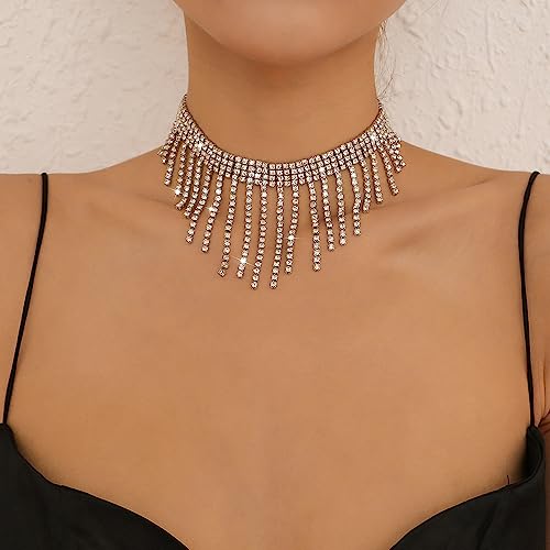 Weenkeey Quaste Strass Halsketten Strass Choker Halskette Sparkly Kristall Halsbänder Kette für Frauen Mädchen - Silber