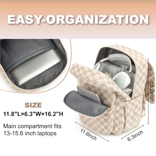 Image of Women Laptop Backpack, Corduroy 15.6 inch Travel Backpack for Work College Business, Teacher Nurse Bag with Large Capacity School Bookbag Bags for Girls - Checkered Brown