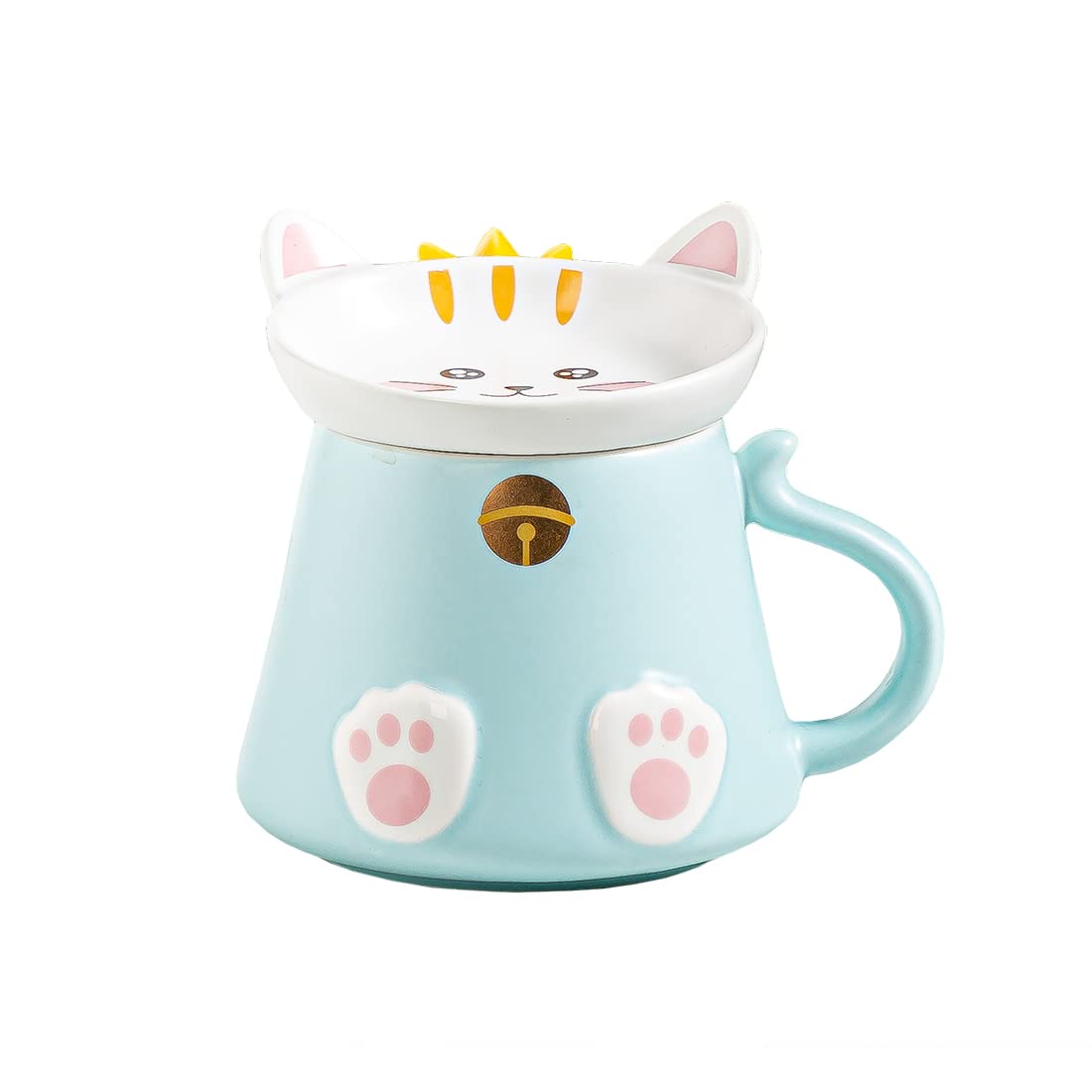 GawmFoiuy Cute Cat Mug,13oz Creative Mug Ceramic Coffee Mug with Lid and Spoon,Cute Mug Office Novelty Funny Animal Tea Mug Morning Milk Water,Birthday Gift Coffee Cup (Blue)