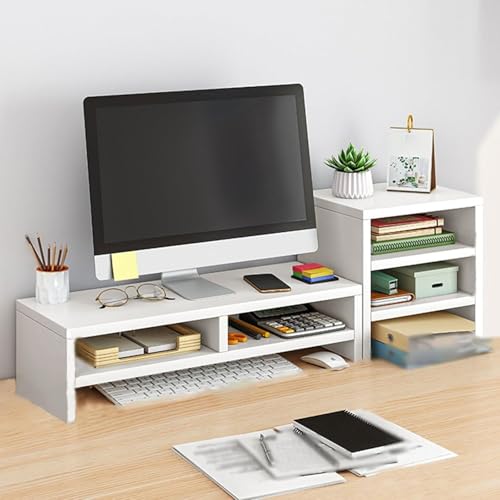 Image of VBM Monitor Riser Stand Bamboo Computer Laptop, Printer, PC with Storage Slot Adjustable Desktop Stand For Home , Office (Monitor Stand (white) 6 Box )