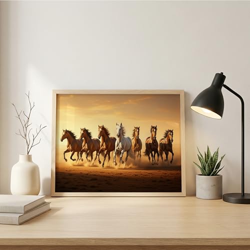 Image of 7 White Horse Vastu Wall Painting - Running Horses Golden Sunrise Desert Framed Wall Art for Living Room & Office Decor (Natural, Design 04, 10x13 Inch)