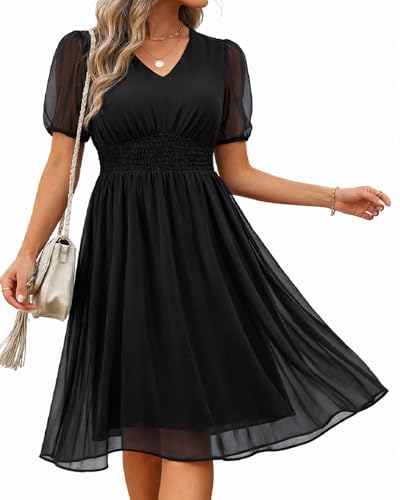Image of Holipick Women Summer Casual Dress Wedding Guest V Neck Short Sleeves Smocked Waist Chiffon Swing Knee Length Midi Dresses